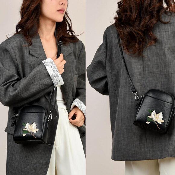 Women Crossbody Bag PU Leather Magnolia Embroidery Cell Phone Purse - Picture 2 of 6